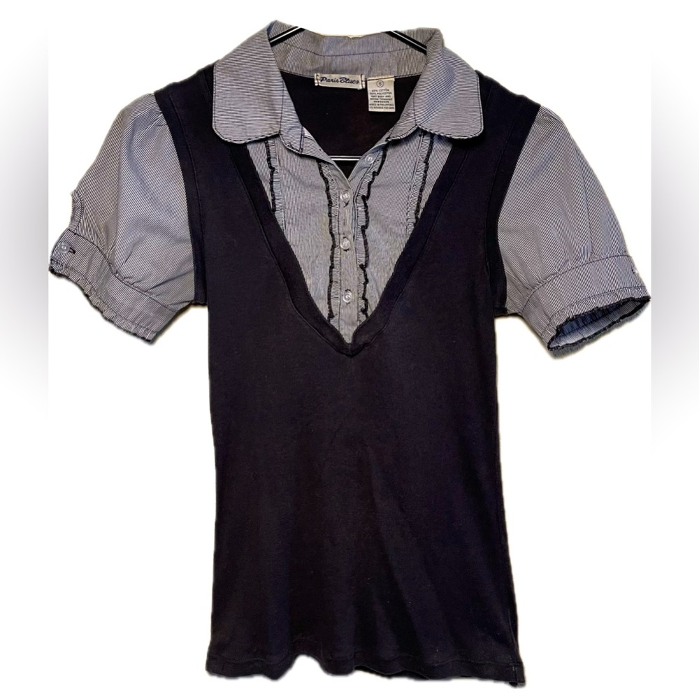 Layered Striped Short Sleeve Collar Top